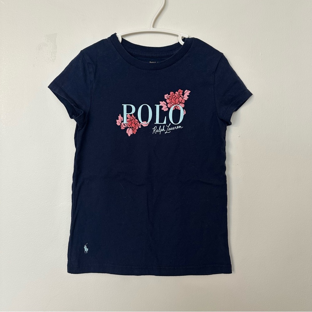 Polo Ralph Lauren Floral Logo T Shirt Navy Girls Size 6 Cotton Preppy